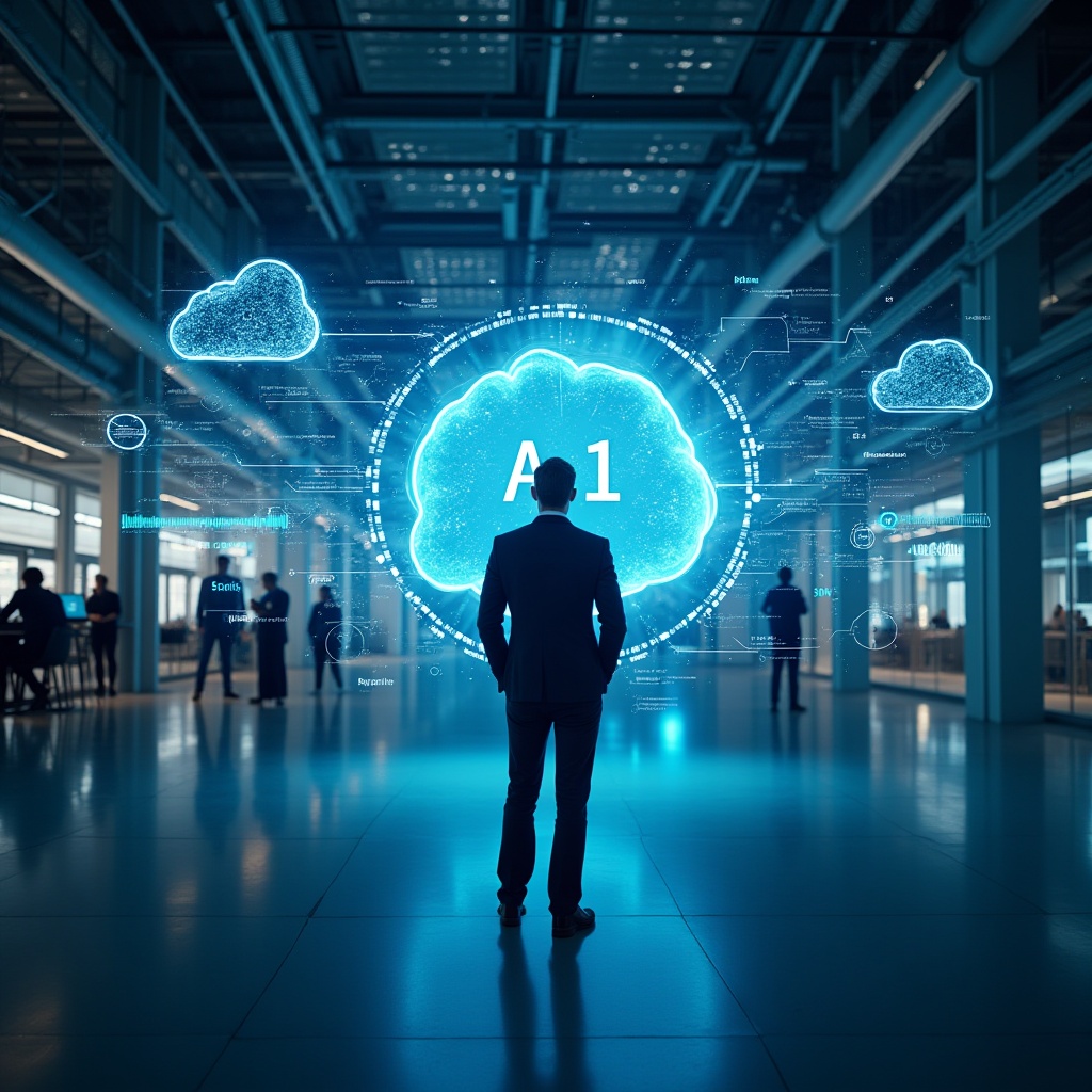 A futuristic business setting highlighting AI-driven innovation, smart process automation, and enterprise-level digital transformation.