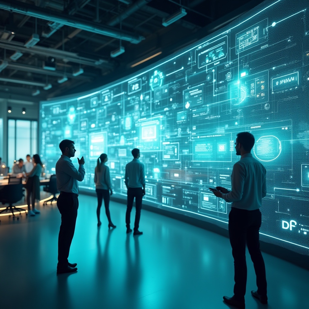 Futuristic enterprise environment showcasing AI, Natural Language Processing, and Generative AI transforming business interactions