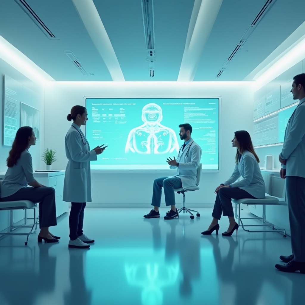 Futuristic healthcare environment where AI and next-gen marketing seamlessly enhance patient care and engagement