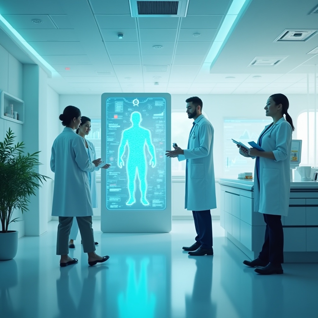 Futuristic healthcare environment where AI, Natural Language Processing, and Generative AI improve patient care and communication