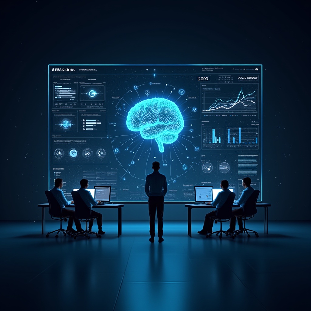 A futuristic quality assurance operations dashboard displaying AI-driven analytics and system performance metrics in real time.