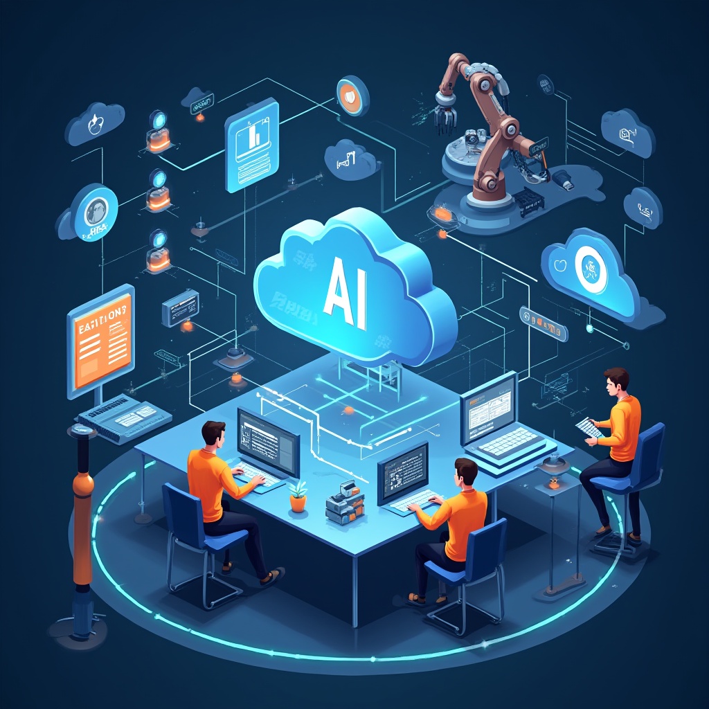 Modern business setting showcasing AI-powered automation and next-gen marketing driving operational efficiency