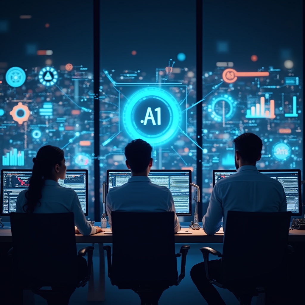 A modern digital operations center with a team of professionals monitoring AI-driven quality testing systems and performance dashboards.