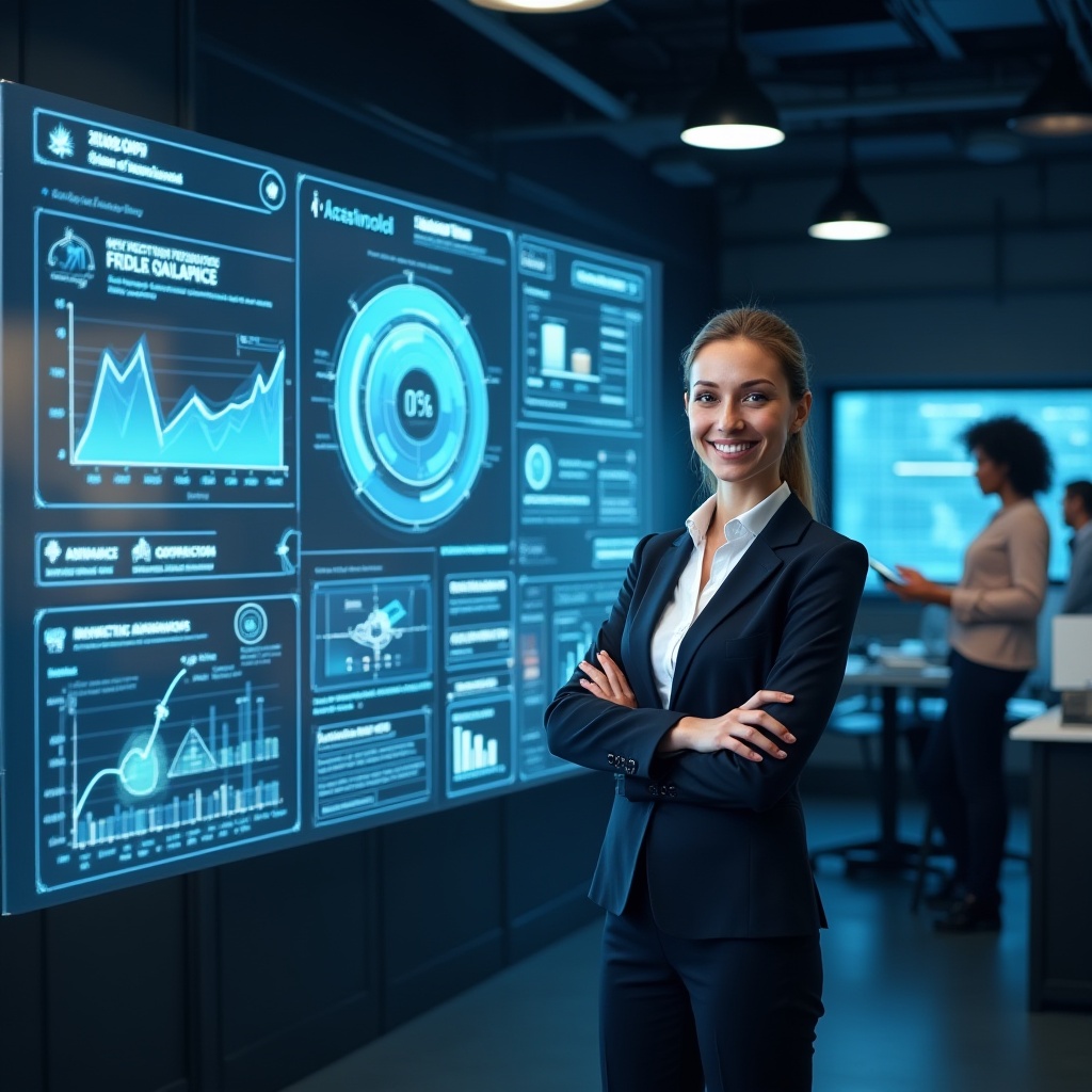 A futuristic financial services environment featuring advanced digital interfaces and AI-driven quality testing systems.
