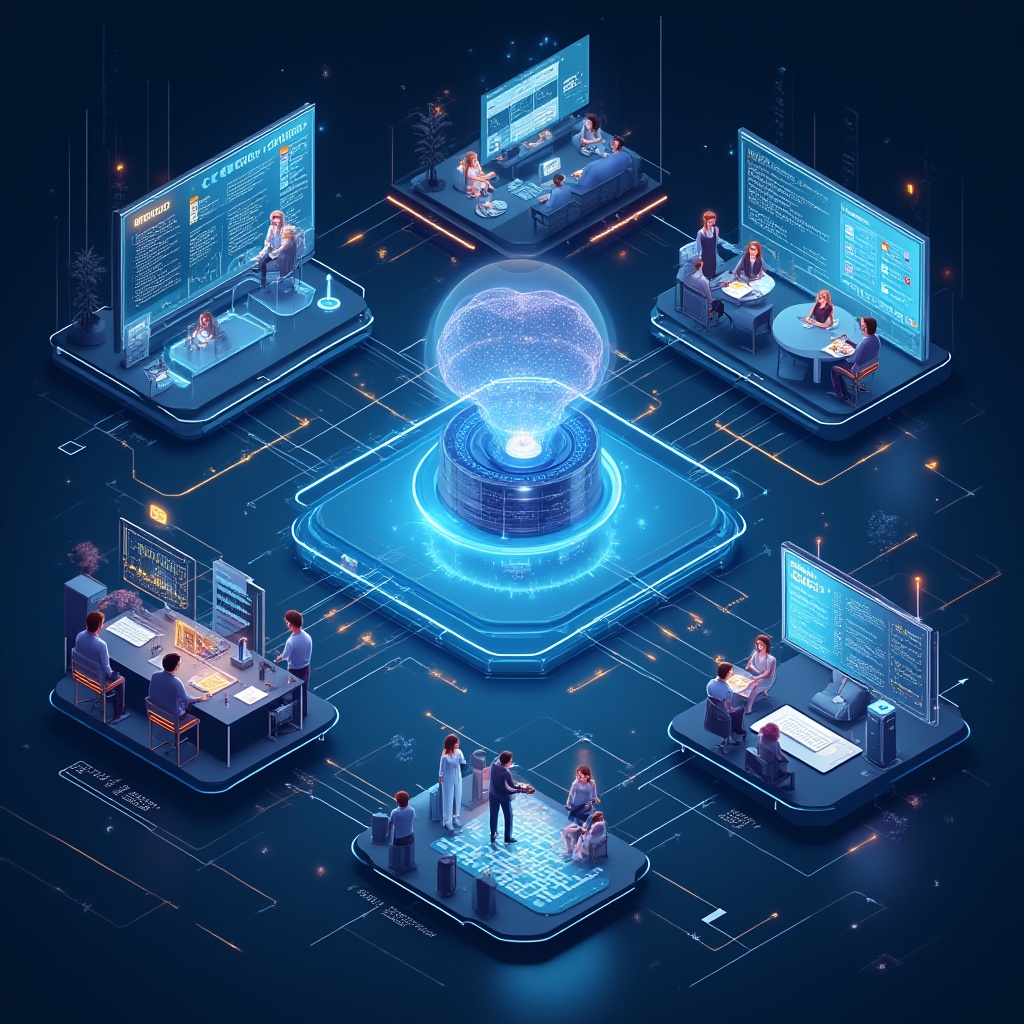 A futuristic corporate environment depicting enterprise leaders leveraging AI and digital tools for business transformation and strategic decision-making.
