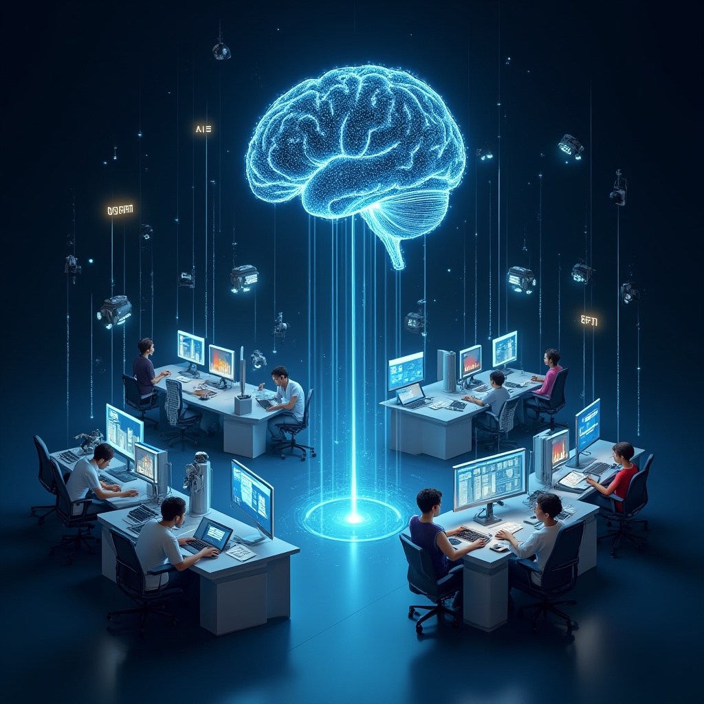 Futuristic business hub where AI and next-gen marketing seamlessly enhance customer and business interactions