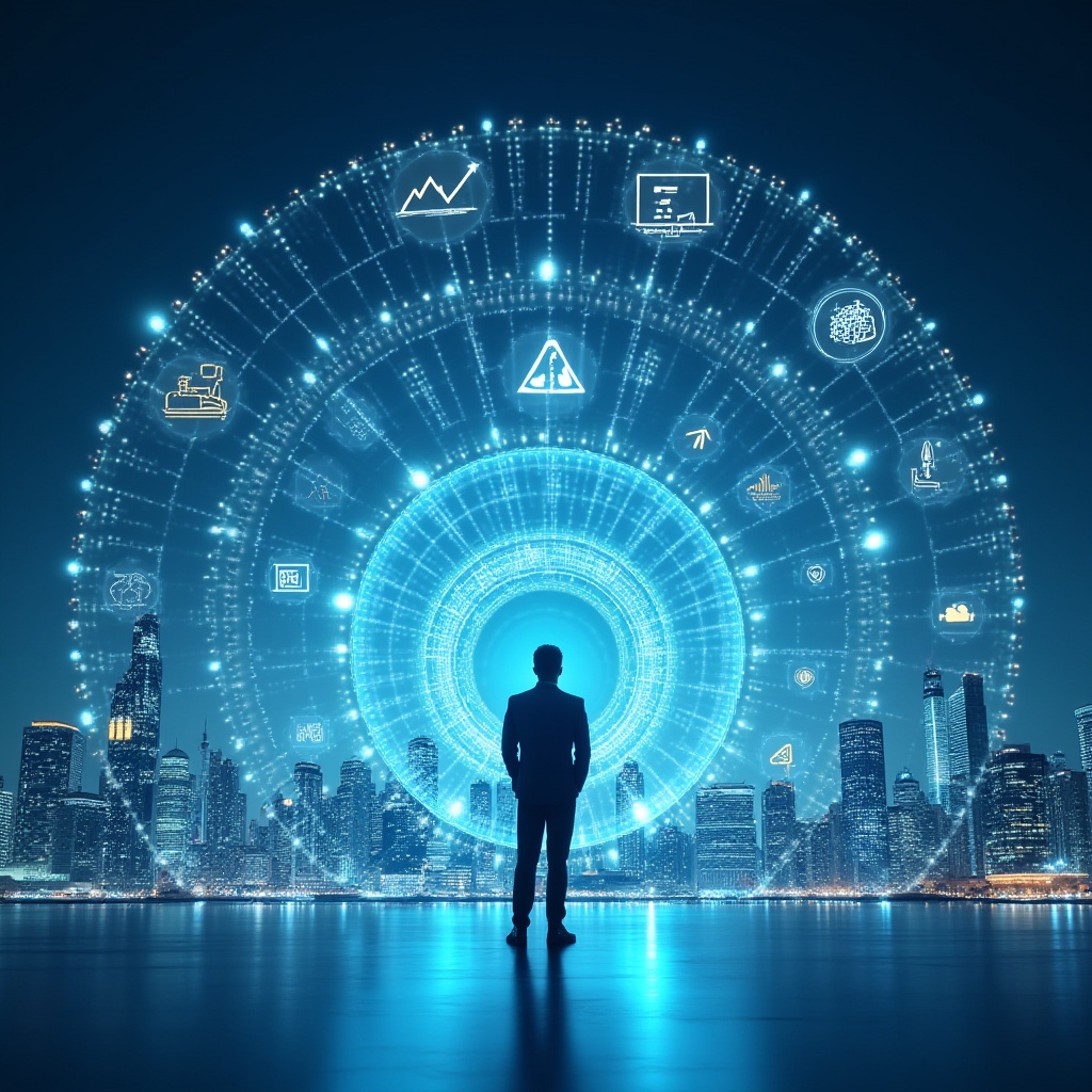 Elegant futuristic cityscape symbolizing AI, Natural Language Processing, and Generative AI driving smart urban innovation